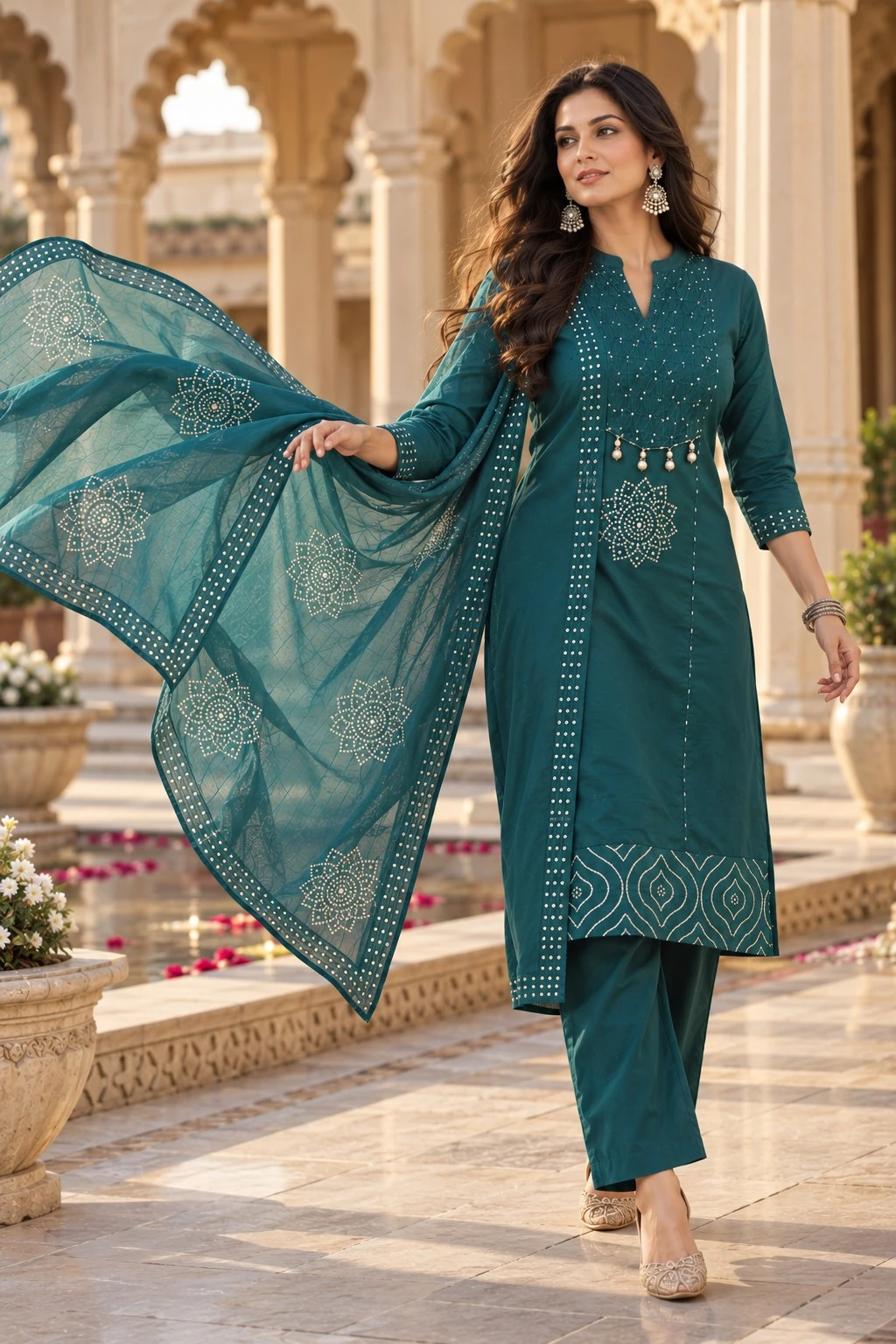 Teal Sequin Mirror Coral Yoke Pure Cotton Kurta Pant Set