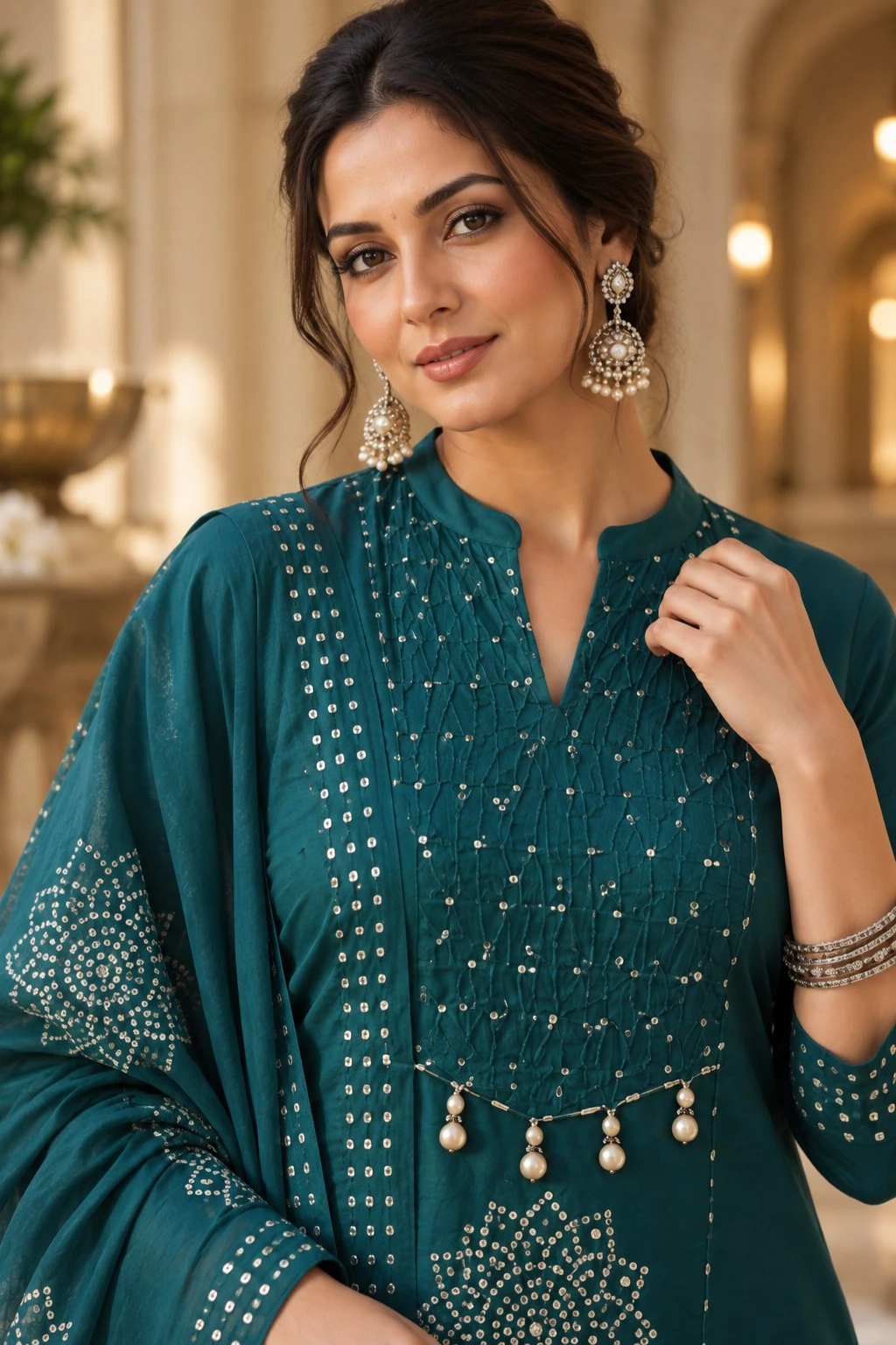 Teal Sequin Mirror Coral Yoke Pure Cotton Kurta Pant Set — view 2