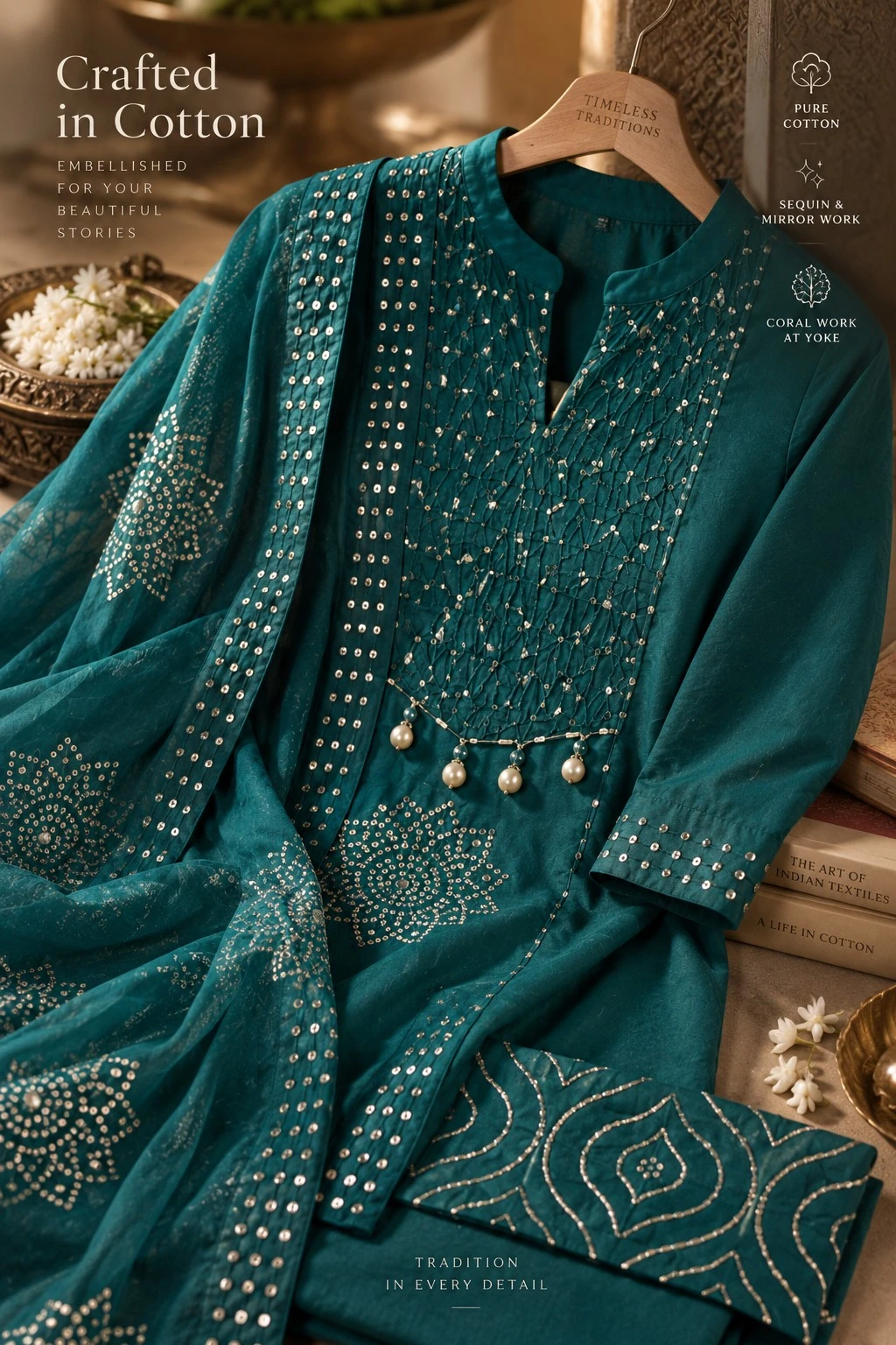 Teal Sequin Mirror Coral Yoke Pure Cotton Kurta Pant Set — view 3
