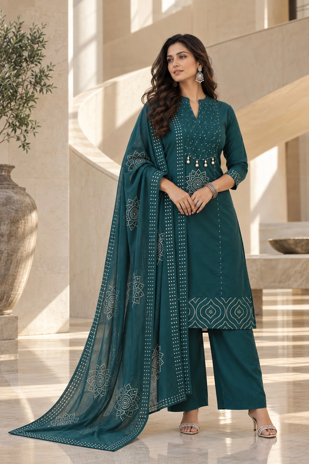 Teal Sequin Mirror Coral Yoke Pure Cotton Kurta Pant Set — view 4