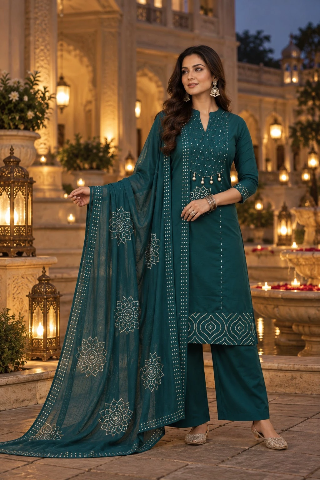 Teal Sequin Mirror Coral Yoke Pure Cotton Kurta Pant Set — view 5