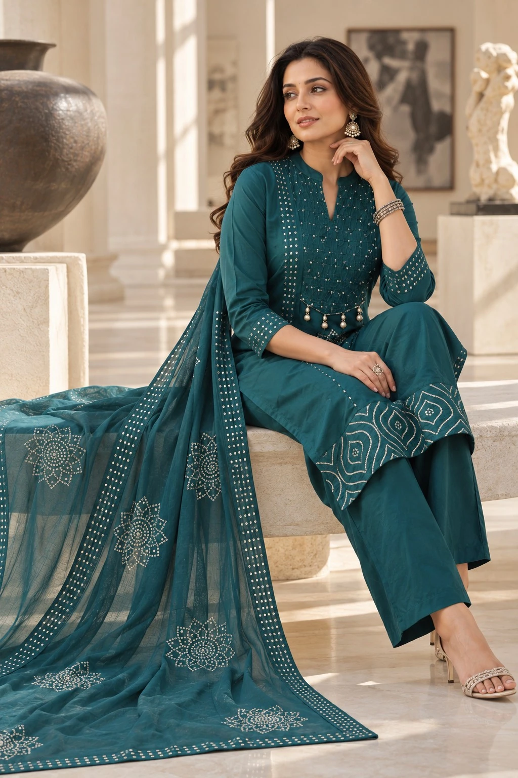 Teal Sequin Mirror Coral Yoke Pure Cotton Kurta Pant Set — view 6
