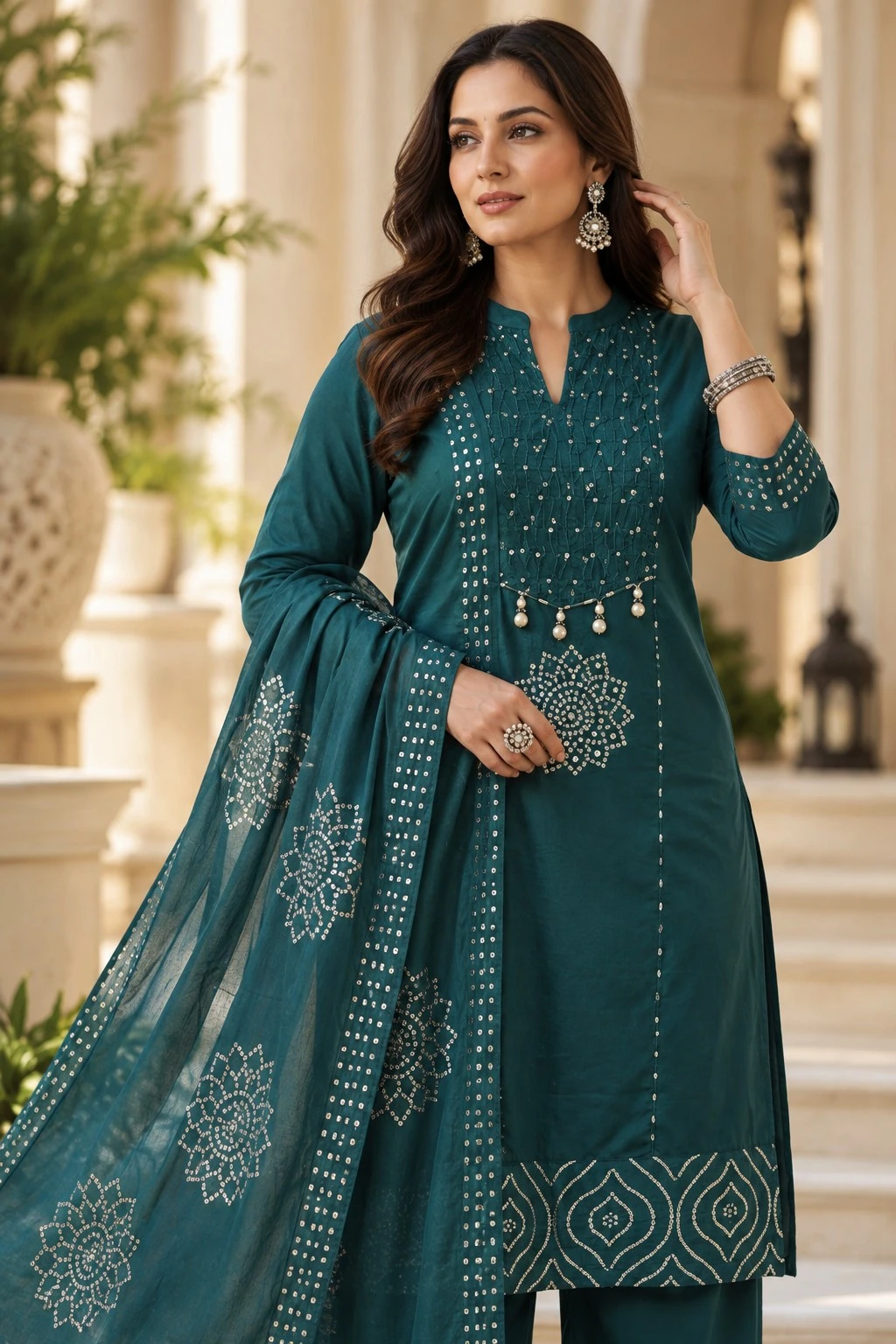 Teal Sequin Mirror Coral Yoke Pure Cotton Kurta Pant Set — view 7