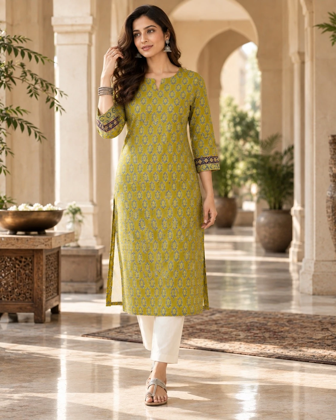 Olive Green Ajrakh Print Pure Cotton Straight Kurti
