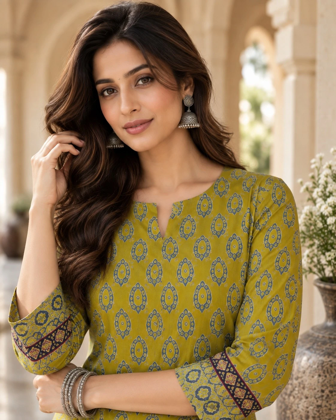 Olive Green Ajrakh Print Pure Cotton Straight Kurti — view 2