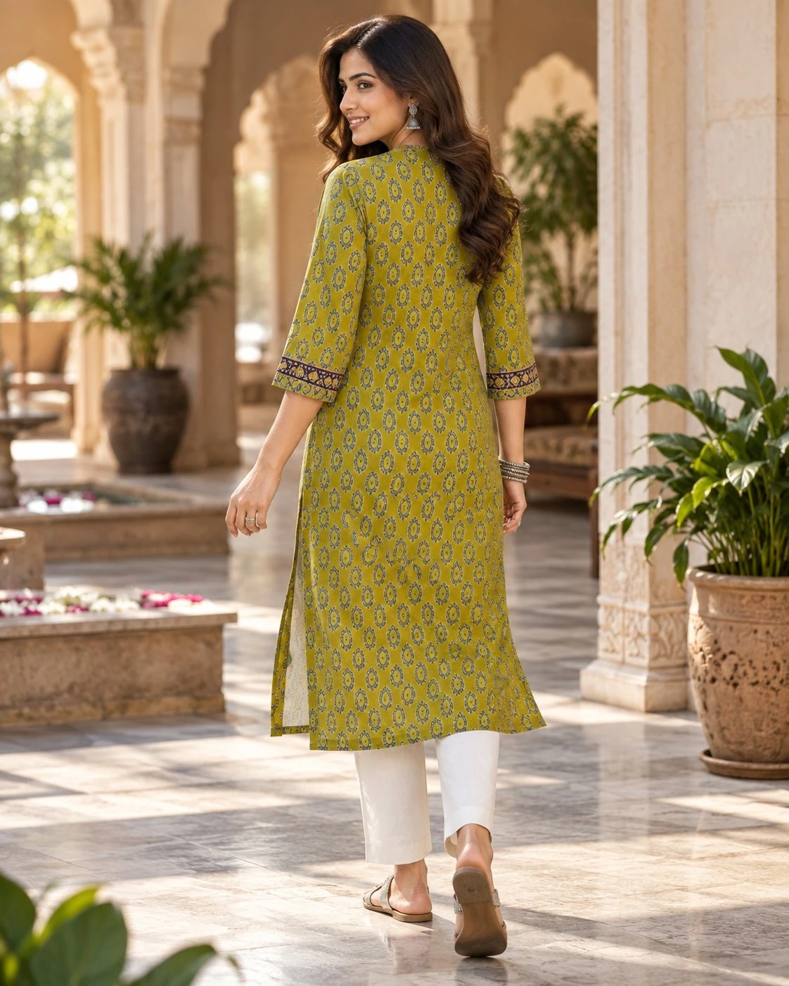 Olive Green Ajrakh Print Pure Cotton Straight Kurti — view 4