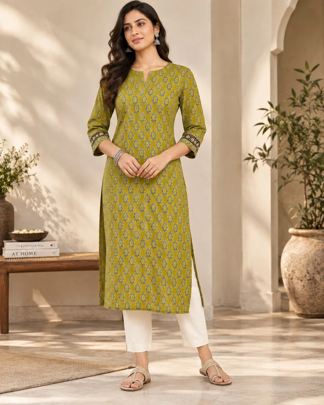 Olive Green Ajrakh Print Pure Cotton Straight Kurti — view 5