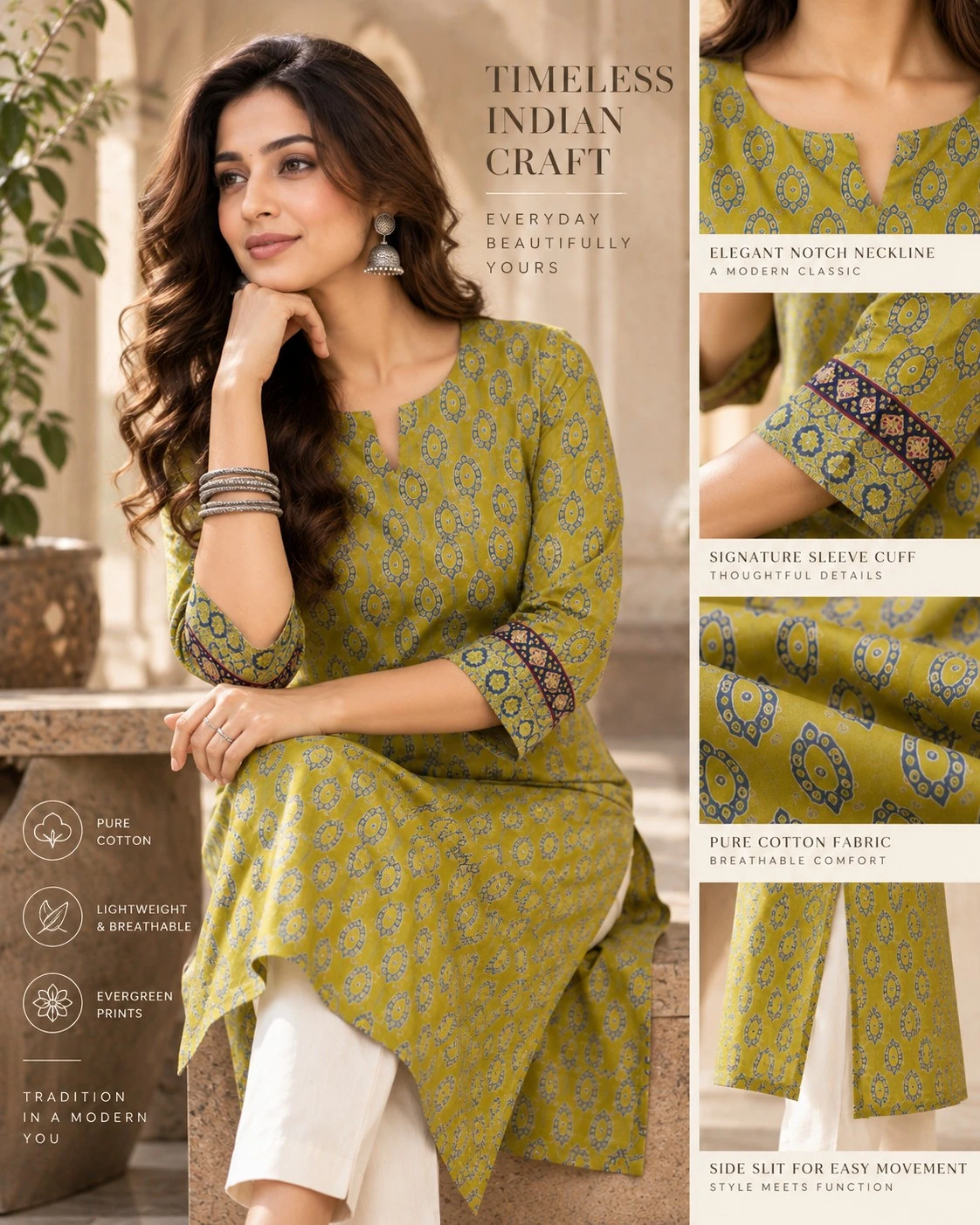 Olive Green Ajrakh Print Pure Cotton Straight Kurti — view 6