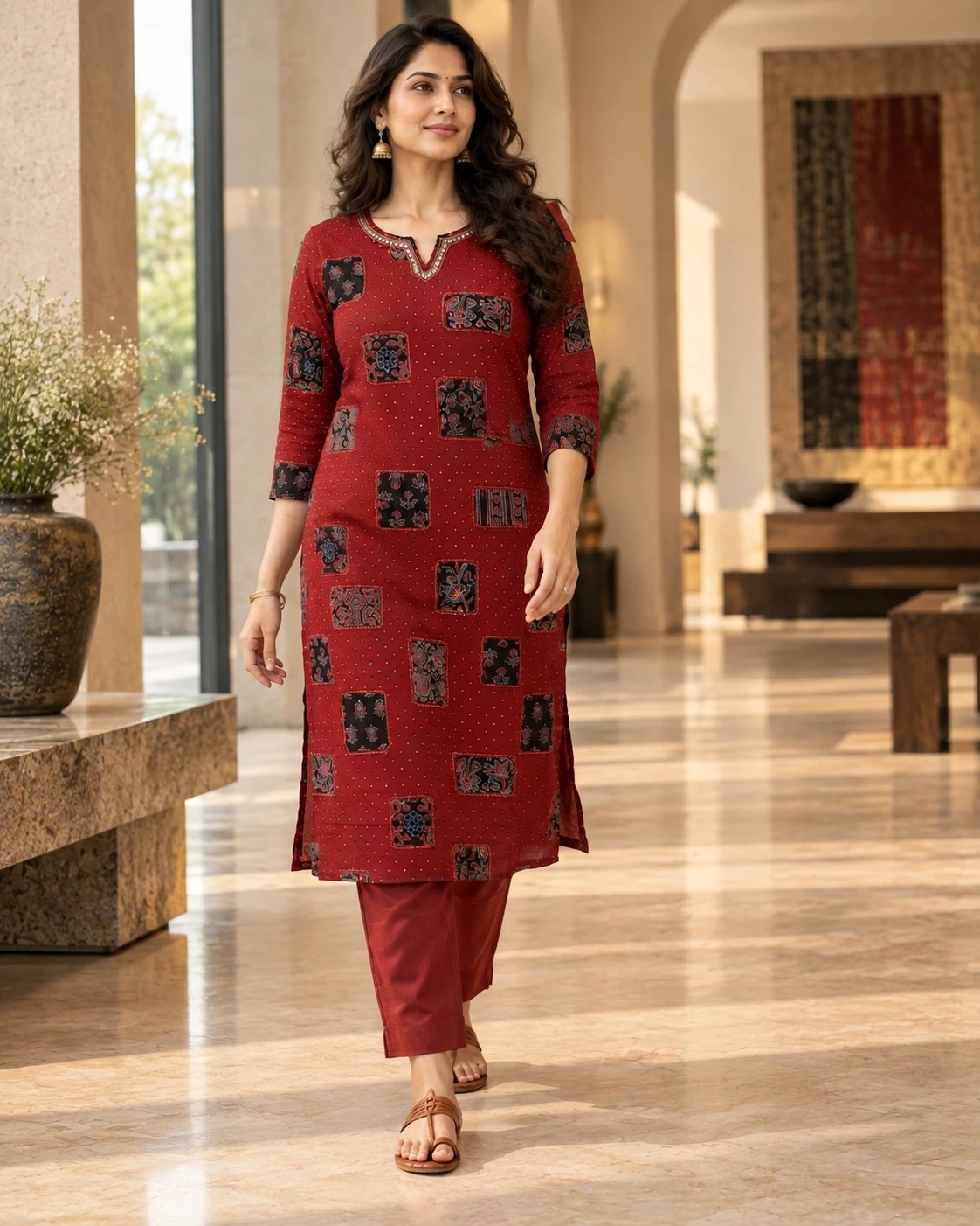 Maroon Ajrakh Patchwork Pure Cotton Kurta Pant Co-ord Set
