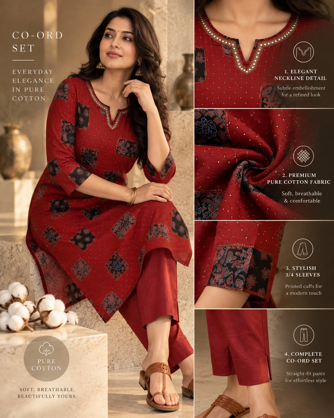Maroon Ajrakh Patchwork Pure Cotton Kurta Pant Co-ord Set — view 2