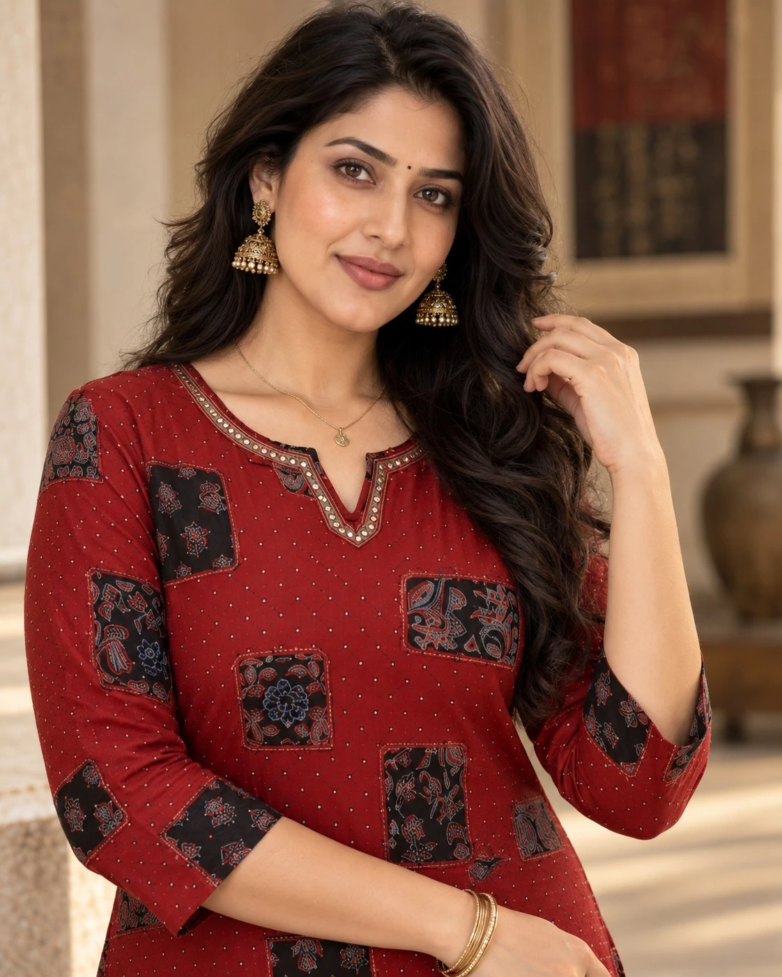 Maroon Ajrakh Patchwork Pure Cotton Kurta Pant Co-ord Set — view 3