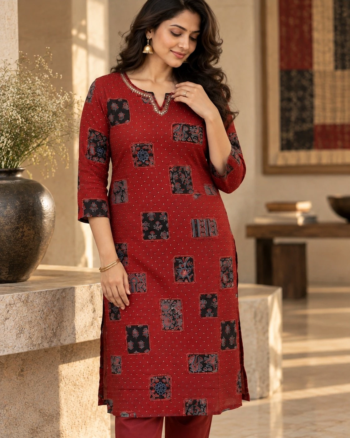 Maroon Ajrakh Patchwork Pure Cotton Kurta Pant Co-ord Set — view 4