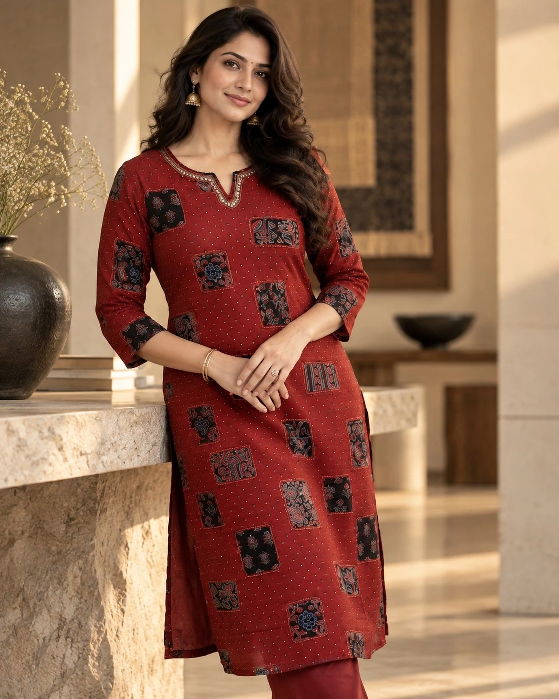 Maroon Ajrakh Patchwork Pure Cotton Kurta Pant Co-ord Set — view 5