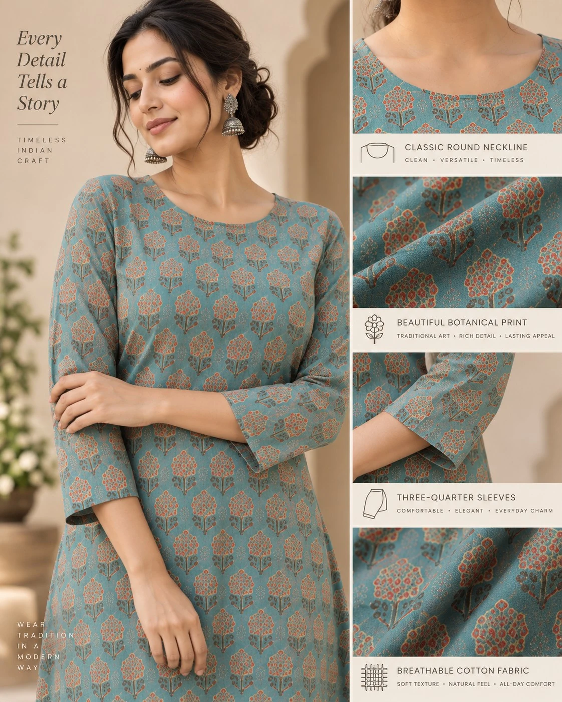 Teal Blue Botanical Print Pure Cotton A-Line Kurti — view 2