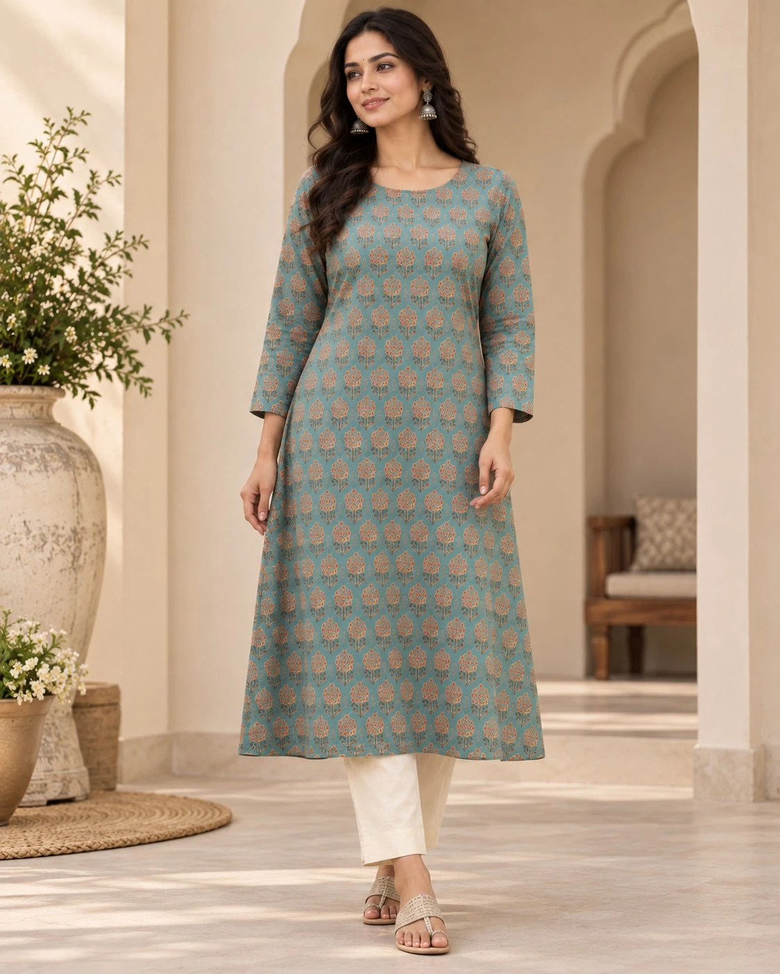 Teal Blue Botanical Print Pure Cotton A-Line Kurti — view 4