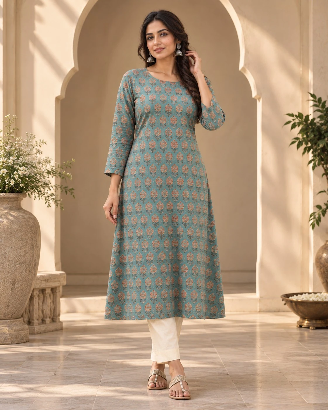 Teal Blue Botanical Print Pure Cotton A-Line Kurti — view 5