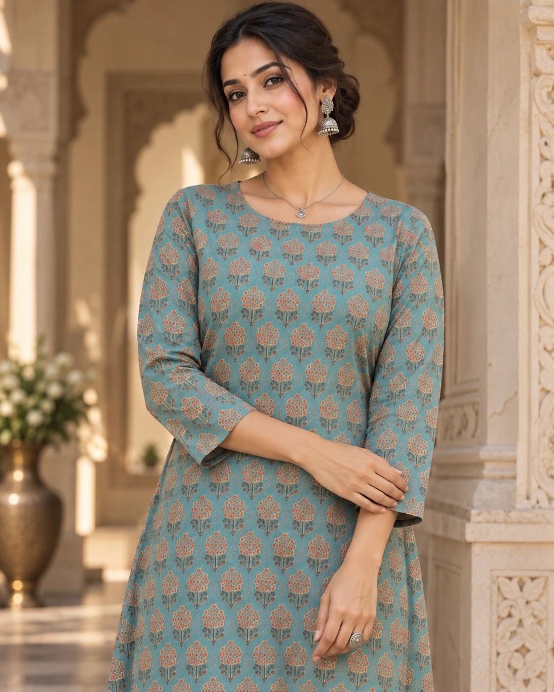 Teal Blue Botanical Print Pure Cotton A-Line Kurti — view 6