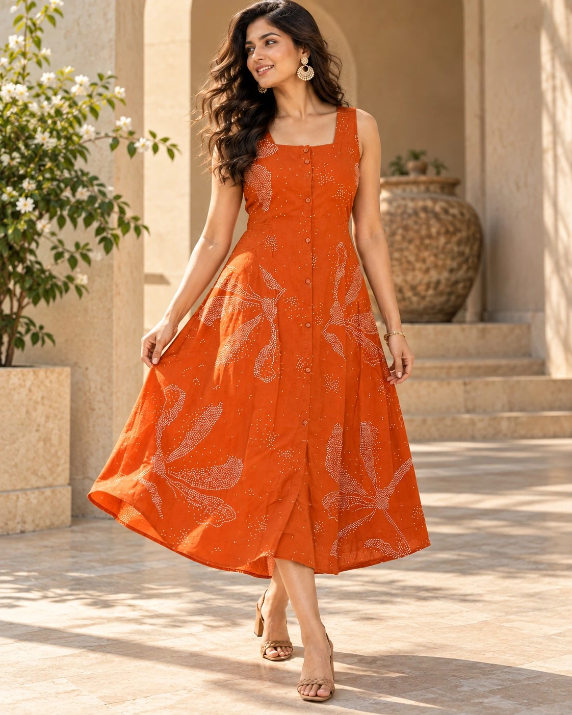 Rust Orange Dotted Floral Print Cotton A-Line Midi Dress