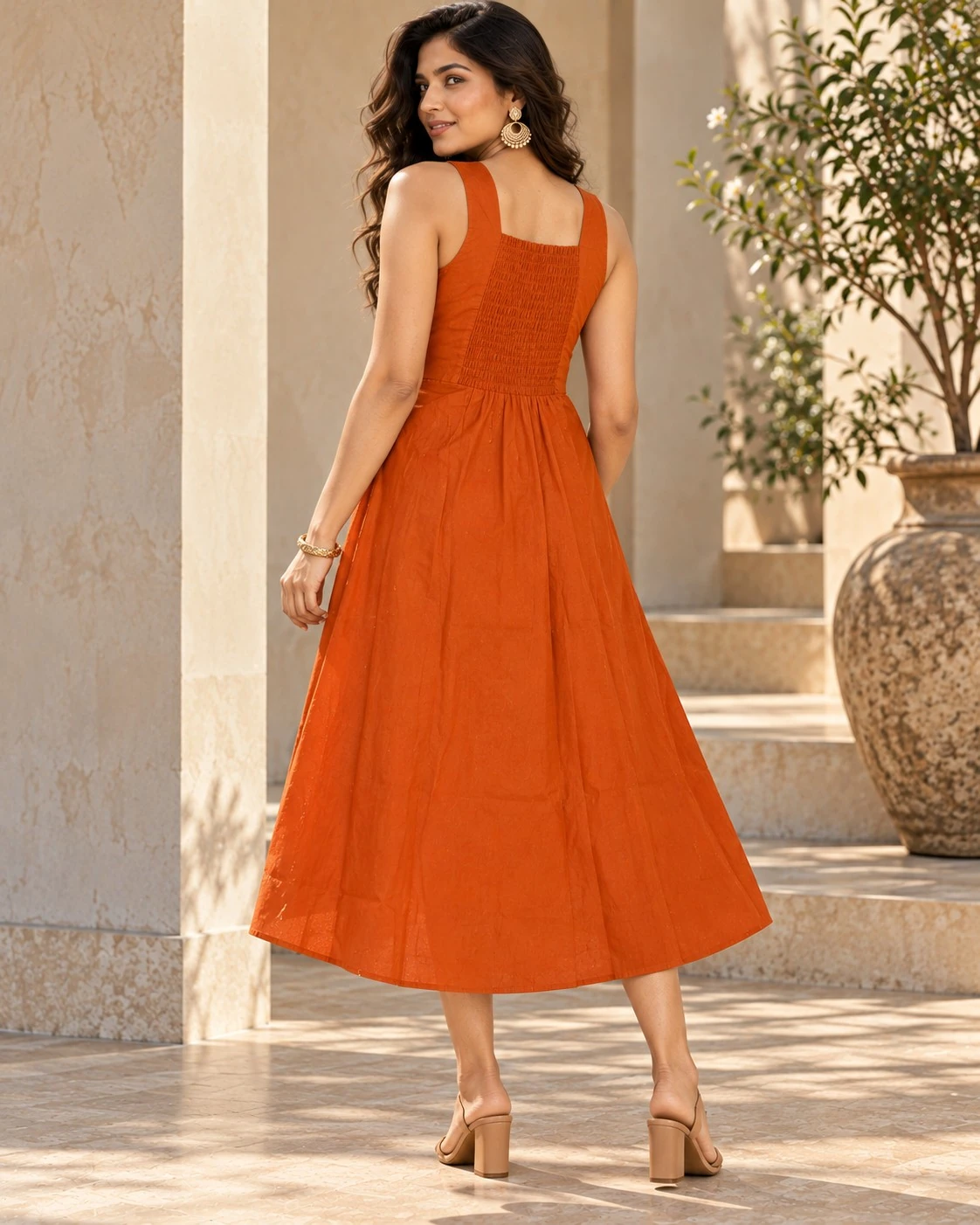 Rust Orange Dotted Floral Print Cotton A-Line Midi Dress — view 5