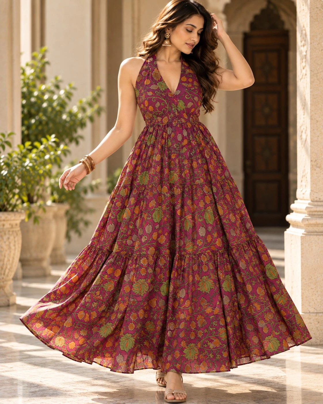 Magenta Kalamkari Floral Print Cotton Halter Neck Tiered A-Line Dress