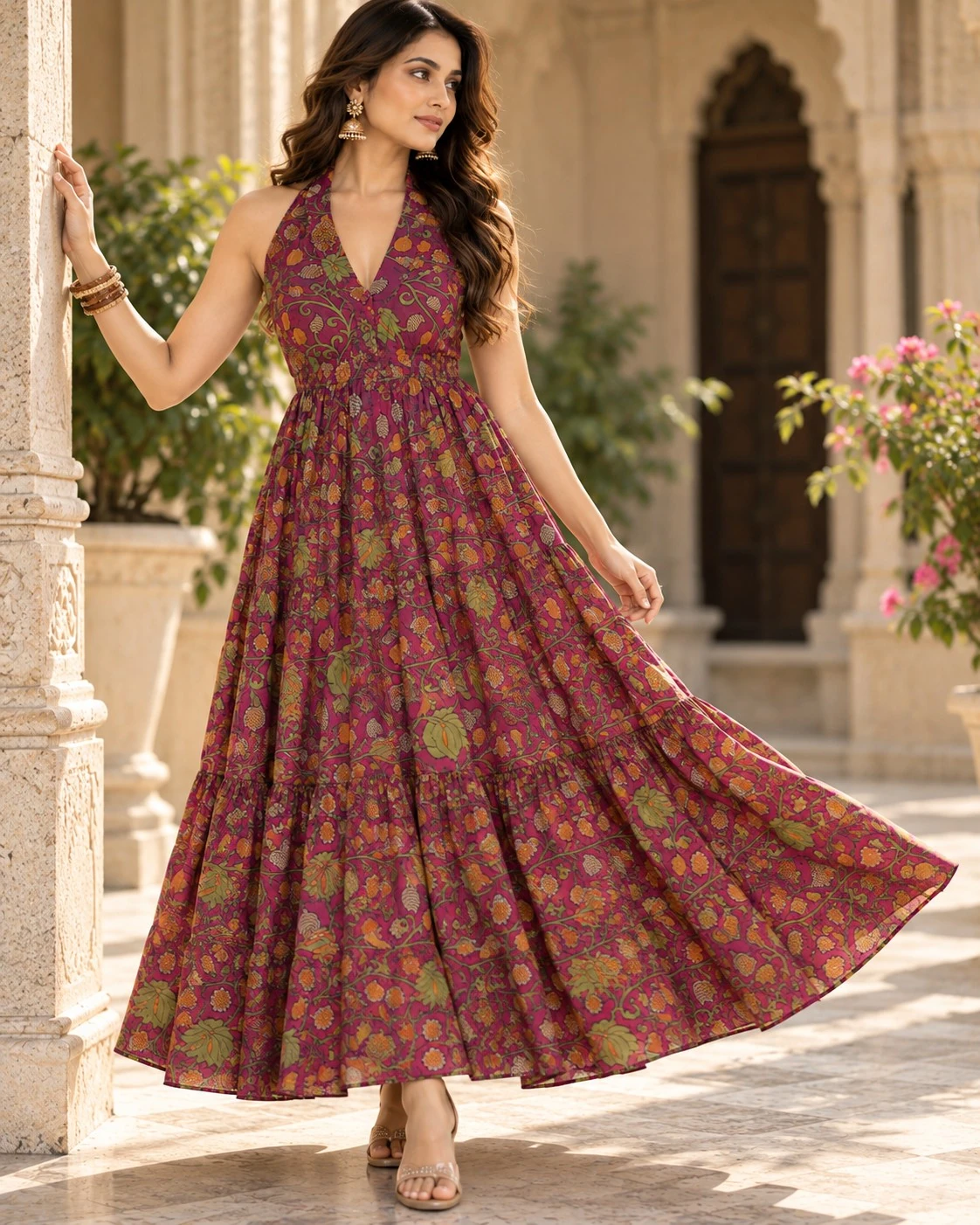 Magenta Kalamkari Floral Print Cotton Halter Neck Tiered A-Line Dress — view 3