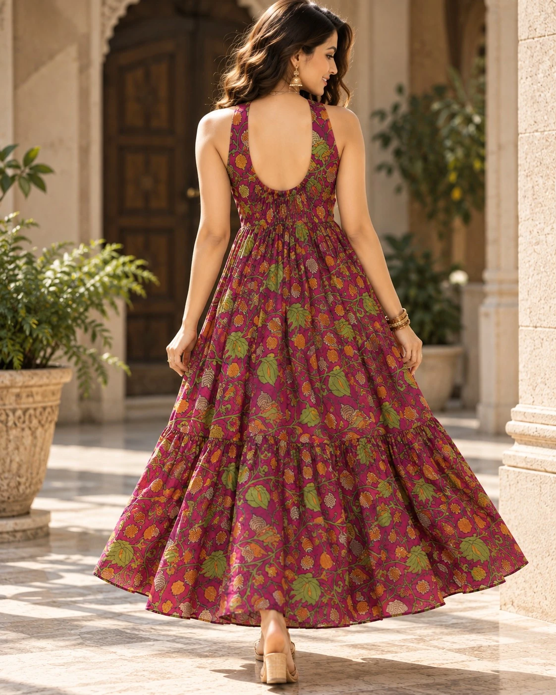 Magenta Kalamkari Floral Print Cotton Halter Neck Tiered A-Line Dress — view 5