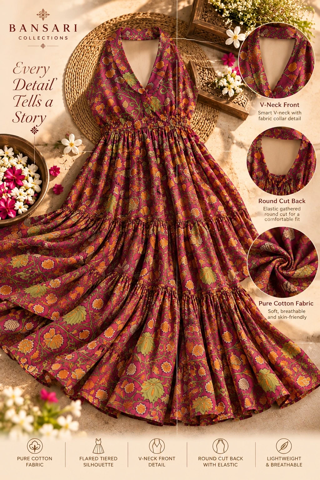 Magenta Kalamkari Floral Print Cotton Halter Neck Tiered A-Line Dress — view 6