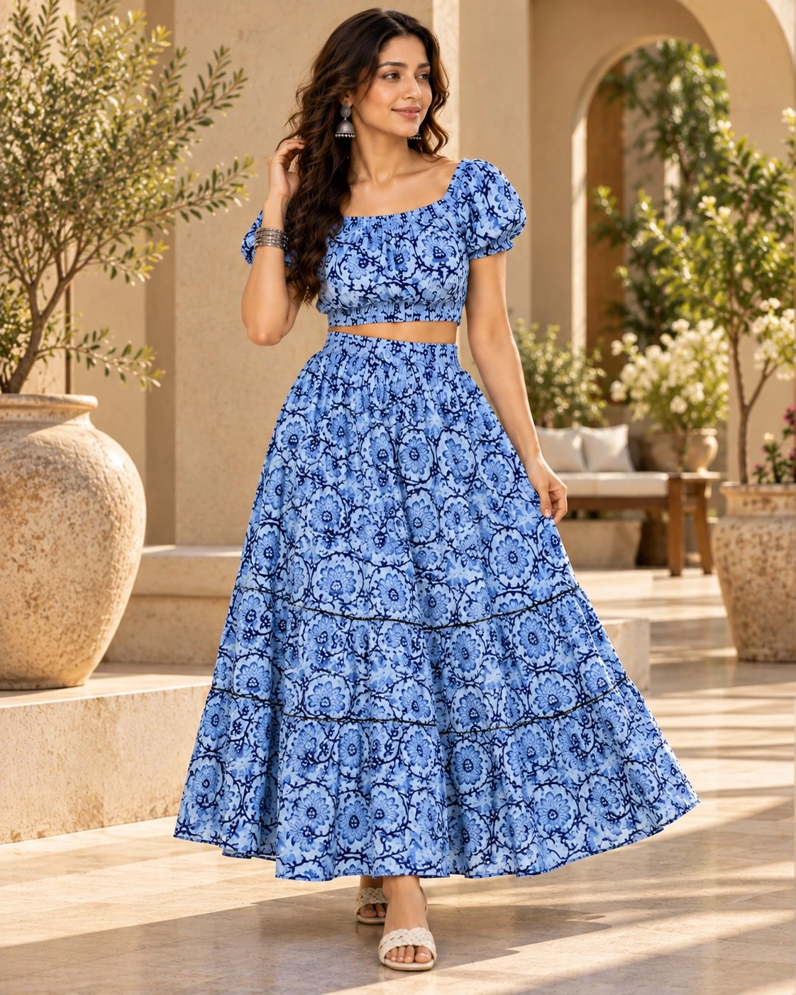 Blue Floral Print Cotton Crop Top and Tiered Skirt Co-ord Set