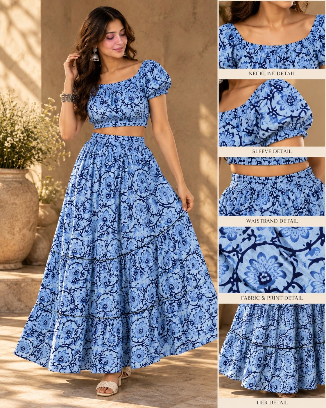 Blue Floral Print Cotton Crop Top and Tiered Skirt Co-ord Set — view 2