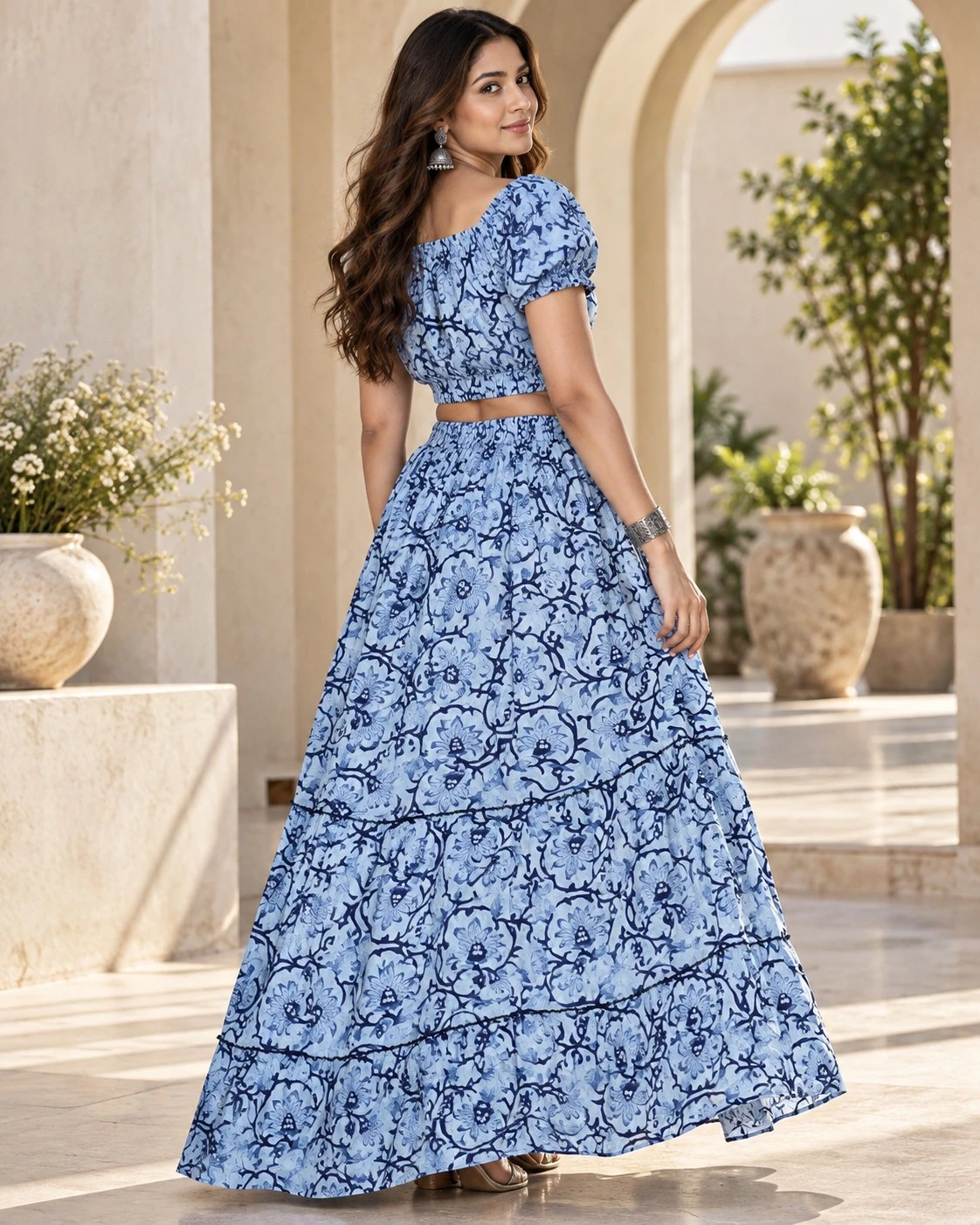 Blue Floral Print Cotton Crop Top and Tiered Skirt Co-ord Set — view 6