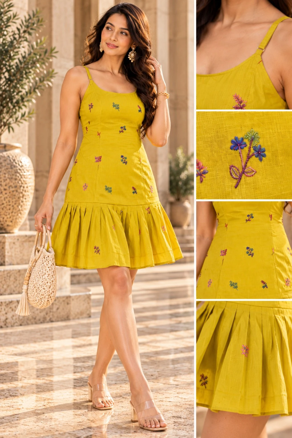 Lime Yellow Floral Embroidered Cotton A-Line Pleated Mini Dress