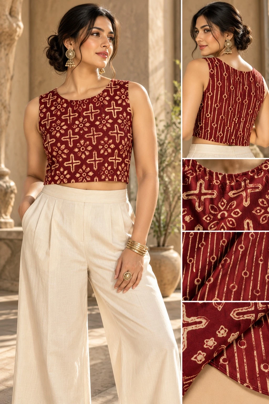 Maroon Ajrakh Print Pure Cotton Reversible Crop Top