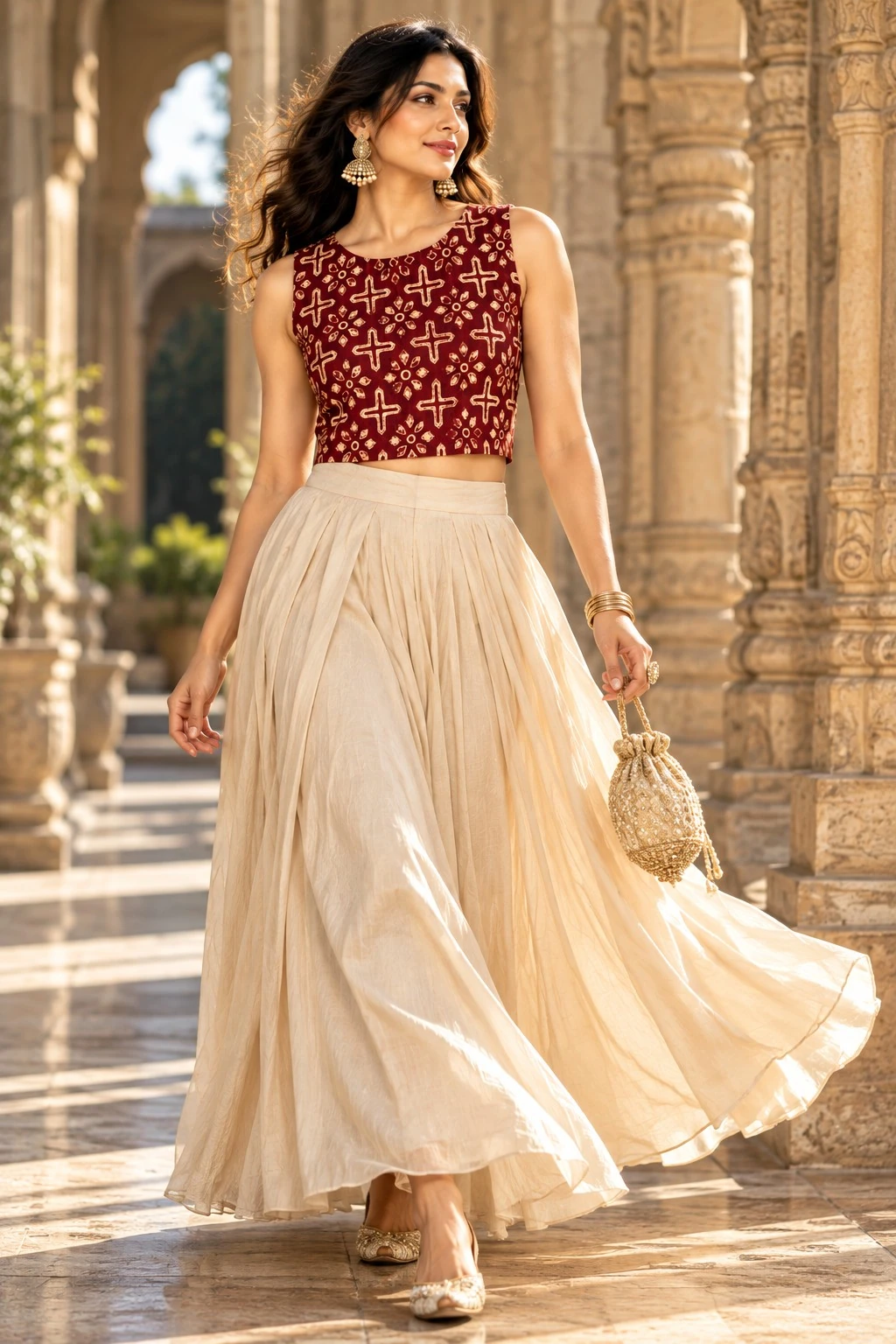 Maroon Ajrakh Print Pure Cotton Reversible Crop Top — view 2