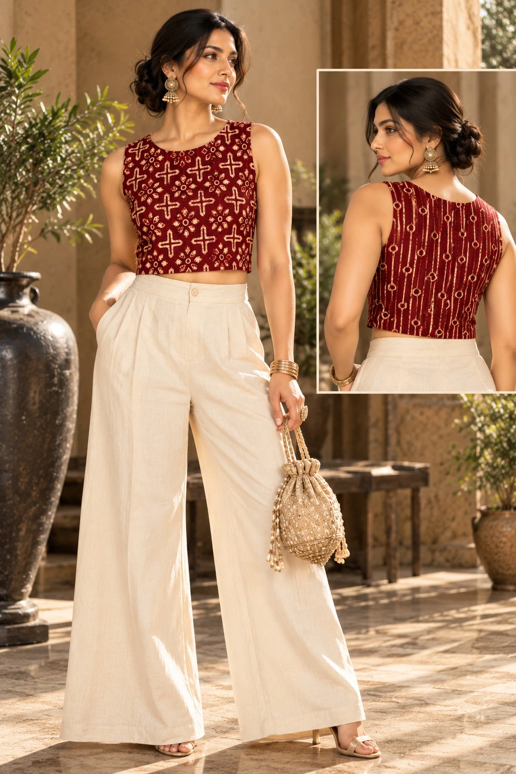 Maroon Ajrakh Print Pure Cotton Reversible Crop Top — view 3