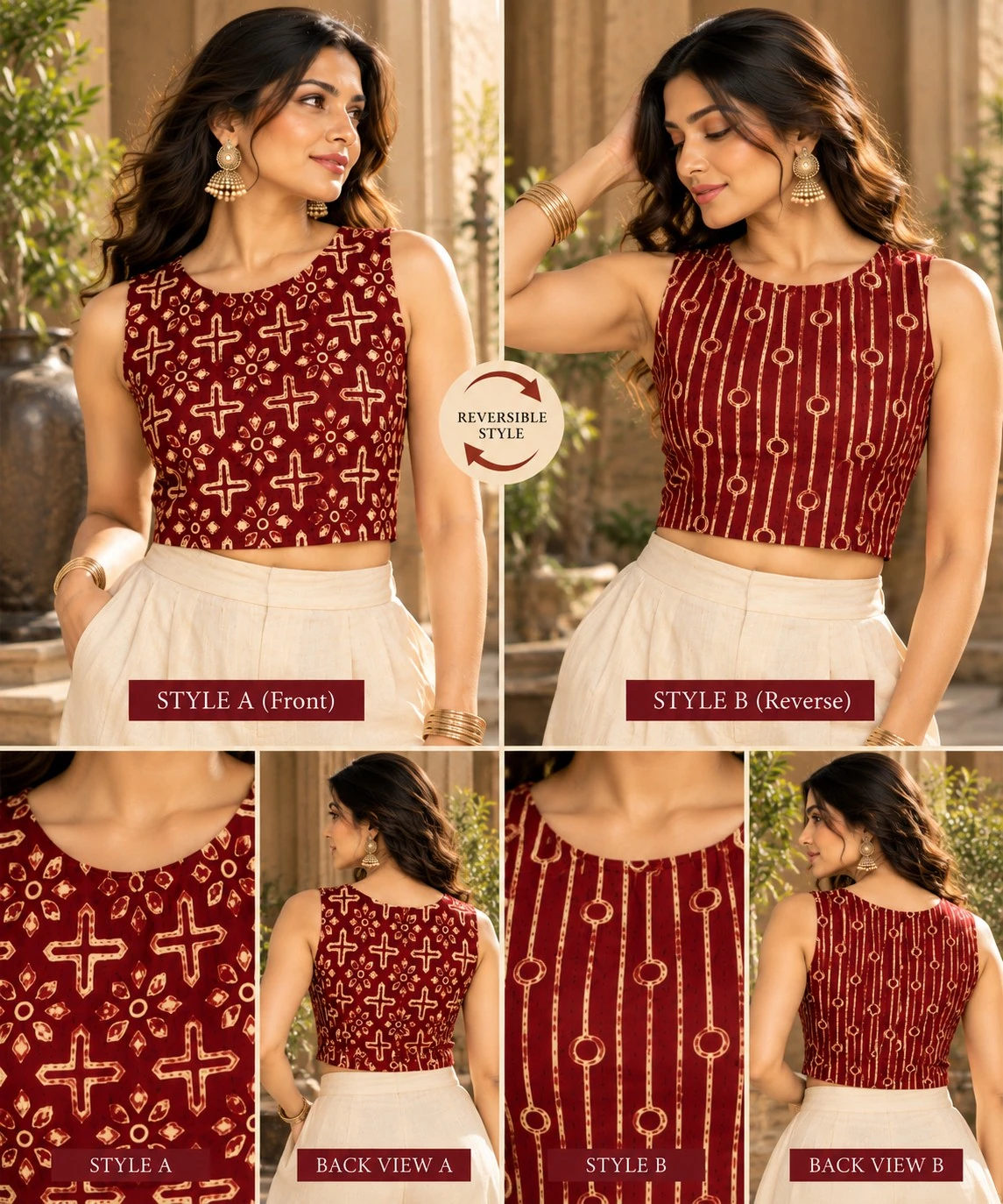 Maroon Ajrakh Print Pure Cotton Reversible Crop Top — view 5