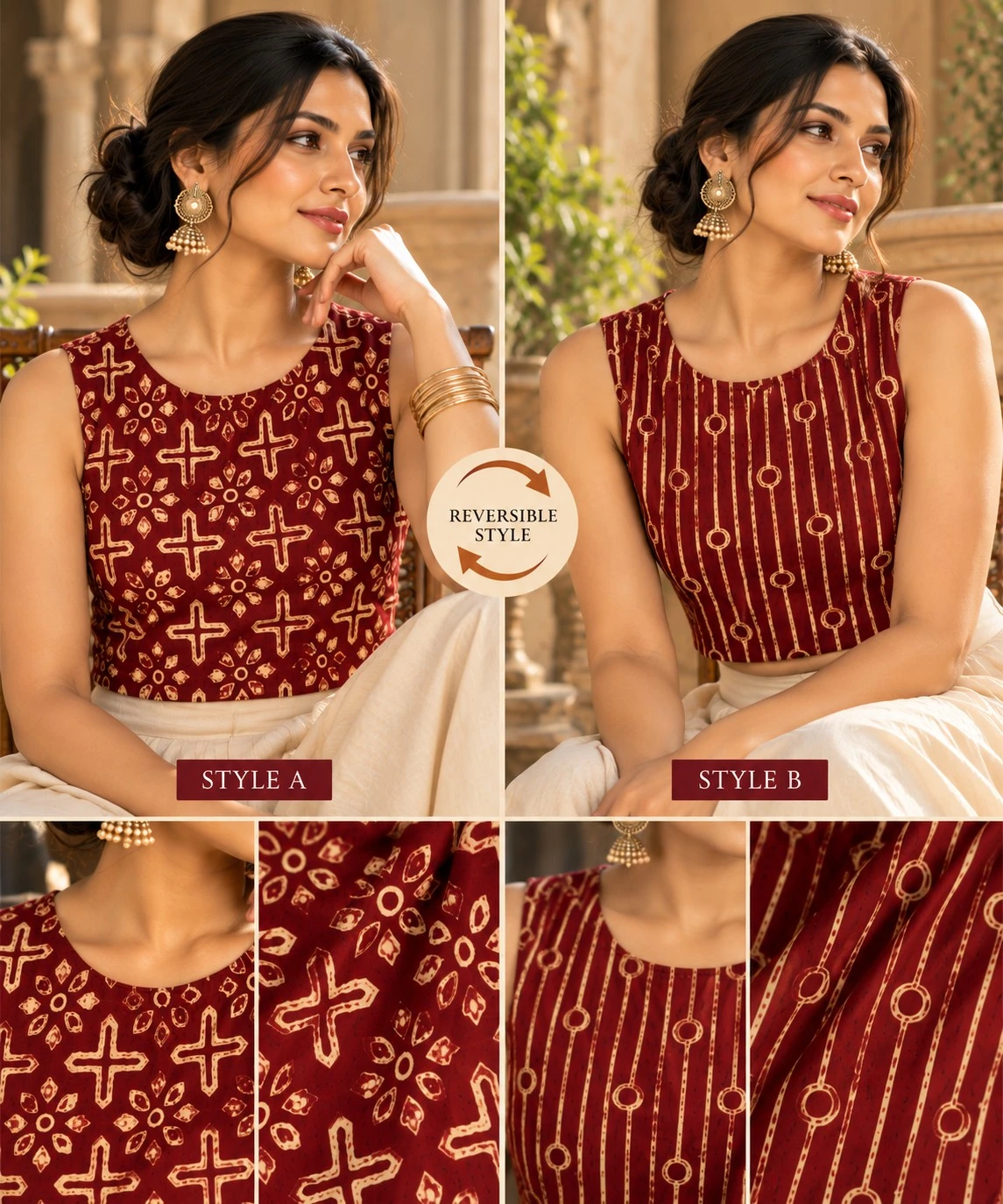 Maroon Ajrakh Print Pure Cotton Reversible Crop Top — view 6