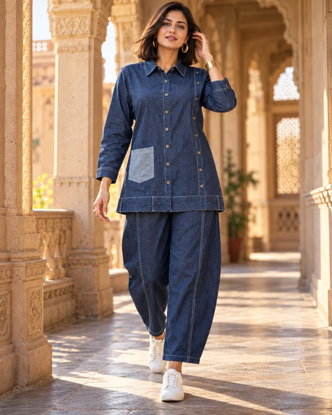 Navy Blue Contrast Pocket Denim Tunic Co-ord Set