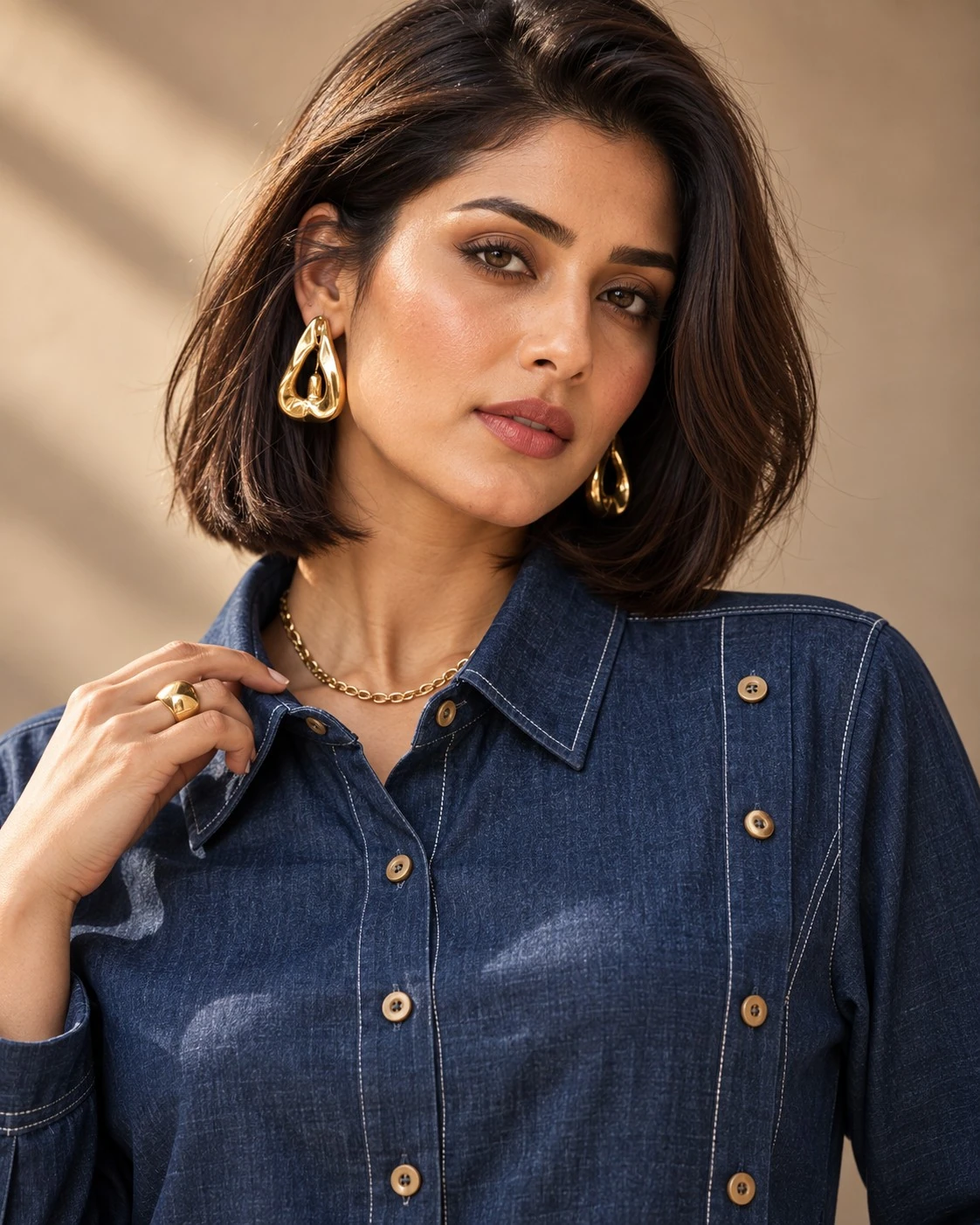 Navy Blue Contrast Pocket Denim Tunic Co-ord Set — view 2
