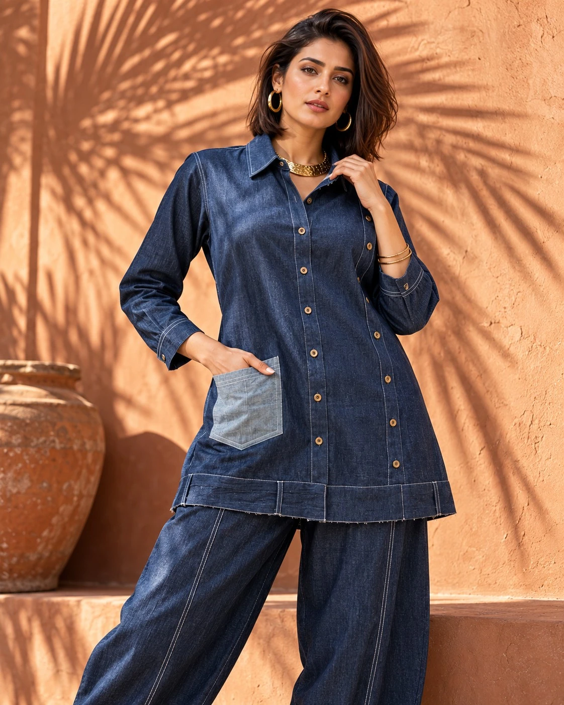 Navy Blue Contrast Pocket Denim Tunic Co-ord Set — view 3