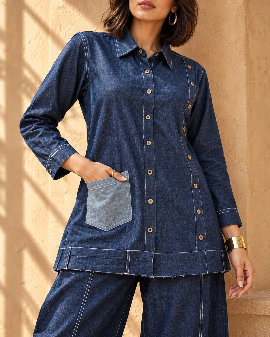Navy Blue Contrast Pocket Denim Tunic Co-ord Set — view 4