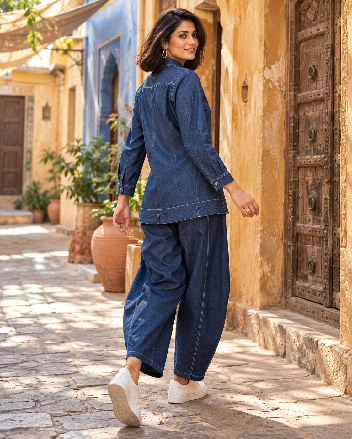 Navy Blue Contrast Pocket Denim Tunic Co-ord Set — view 5