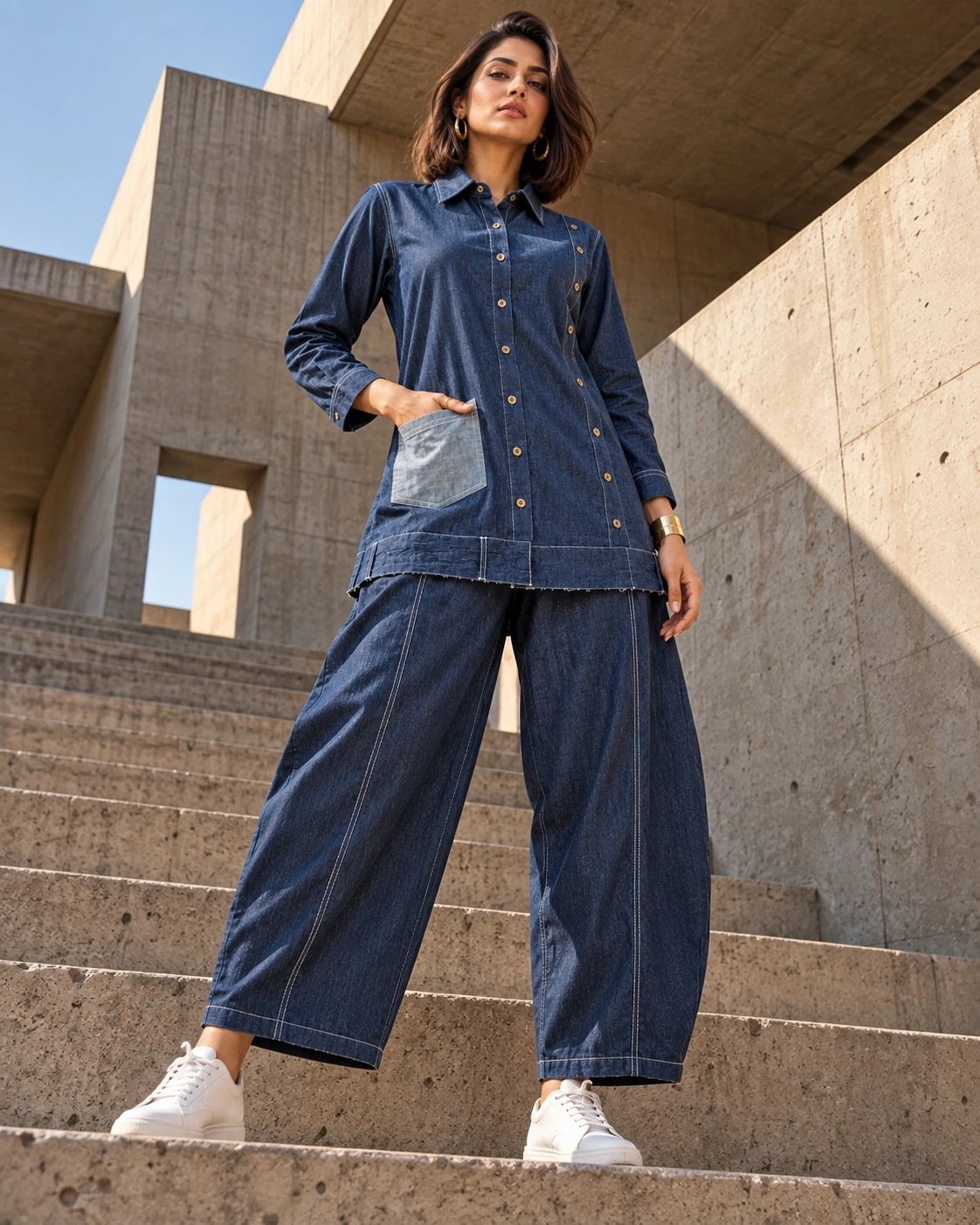 Navy Blue Contrast Pocket Denim Tunic Co-ord Set — view 6