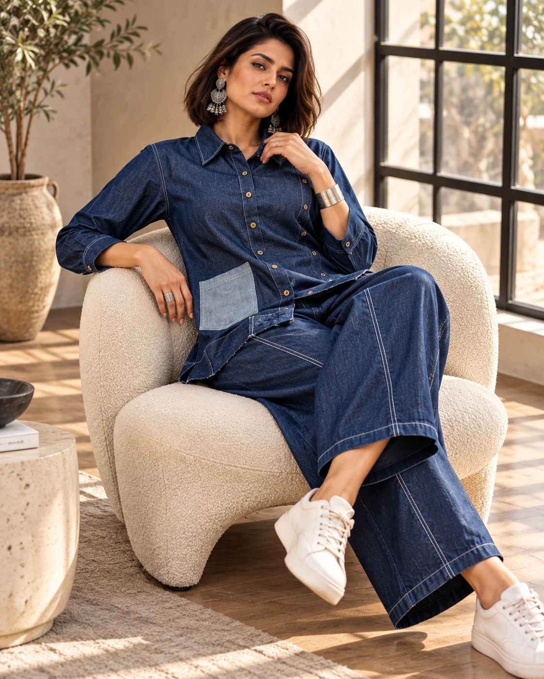 Navy Blue Contrast Pocket Denim Tunic Co-ord Set — view 7