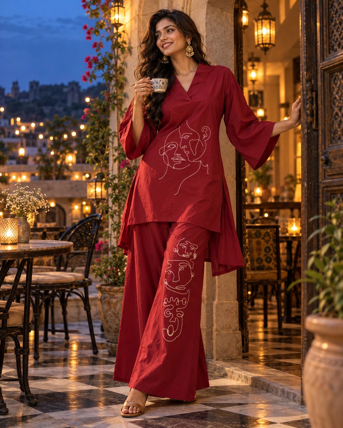 Maroon Abstract Face Line-Art Embroidered Cotton Kurta Palazzo Set