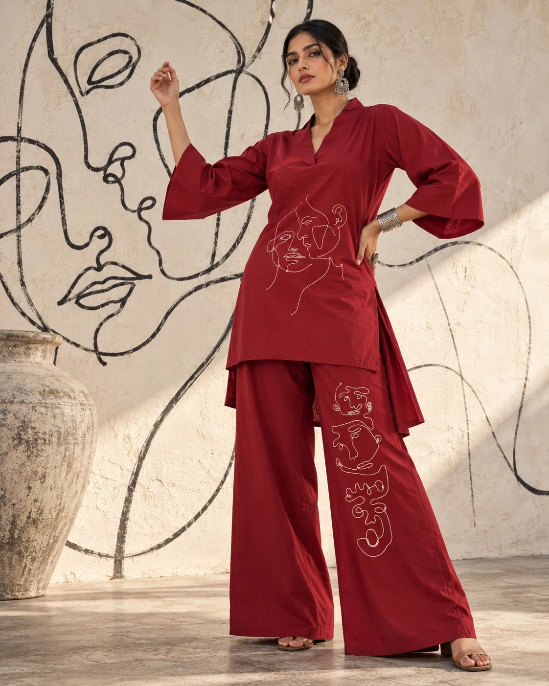 Maroon Abstract Face Line-Art Embroidered Cotton Kurta Palazzo Set — view 2
