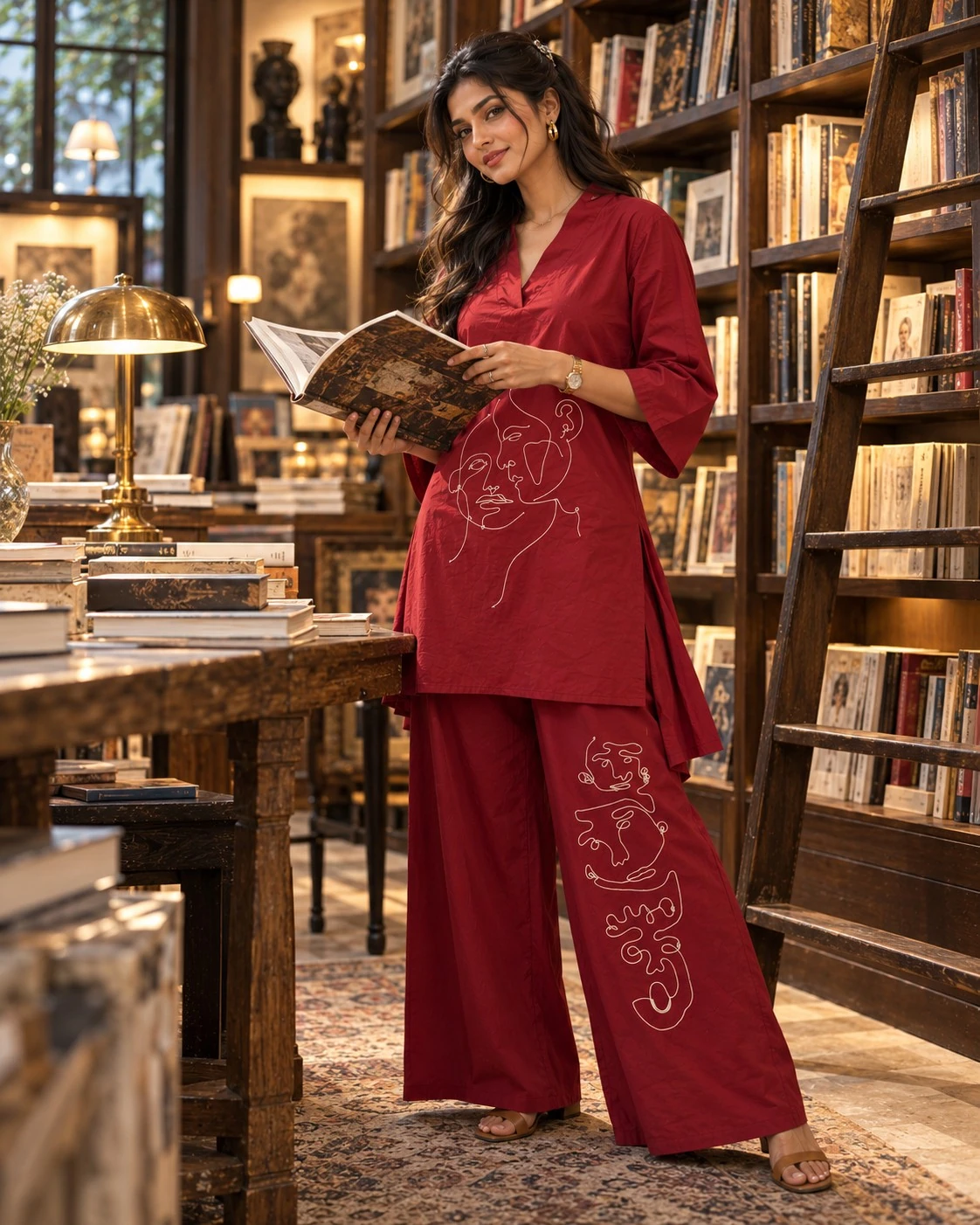 Maroon Abstract Face Line-Art Embroidered Cotton Kurta Palazzo Set — view 3