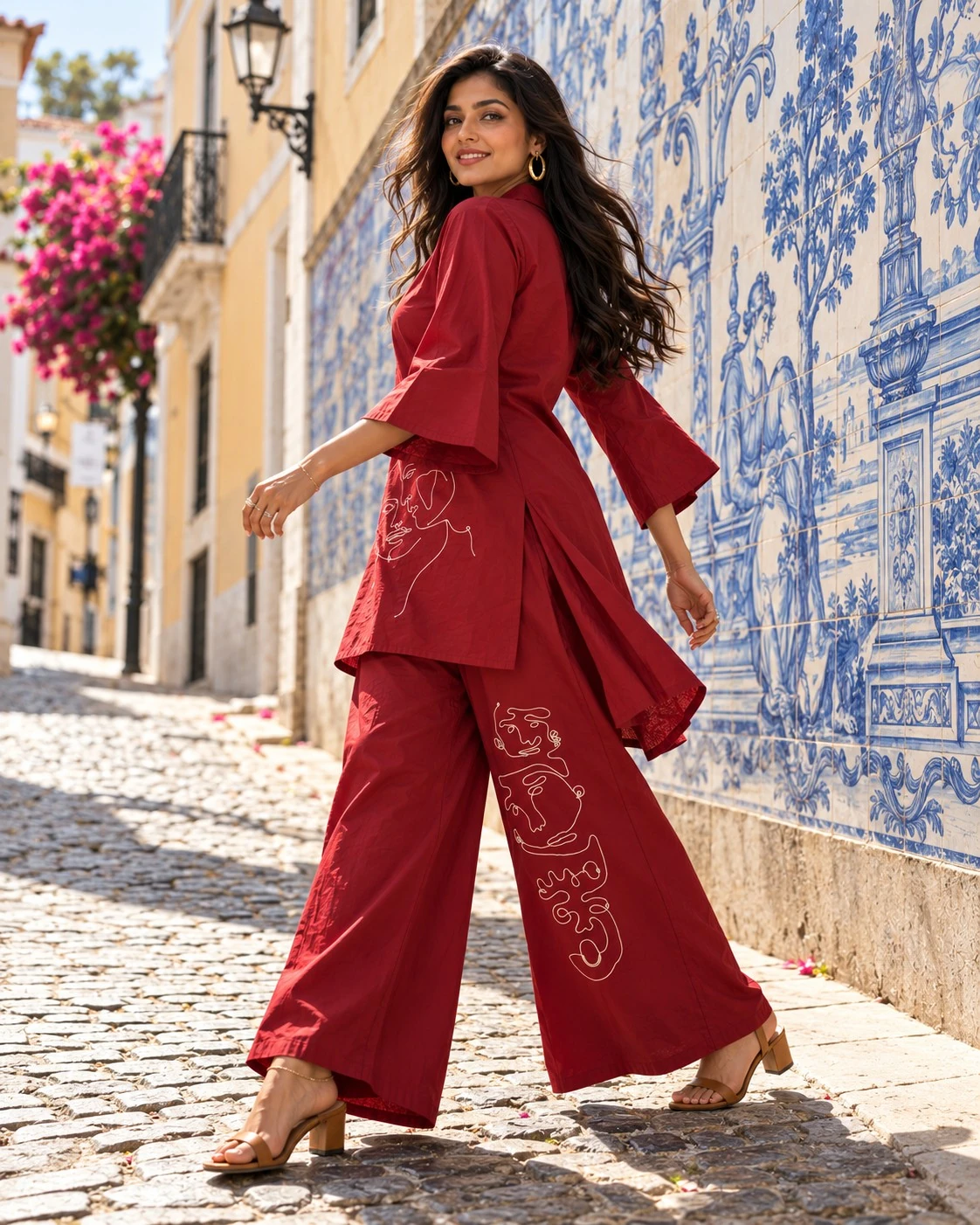 Maroon Abstract Face Line-Art Embroidered Cotton Kurta Palazzo Set — view 4