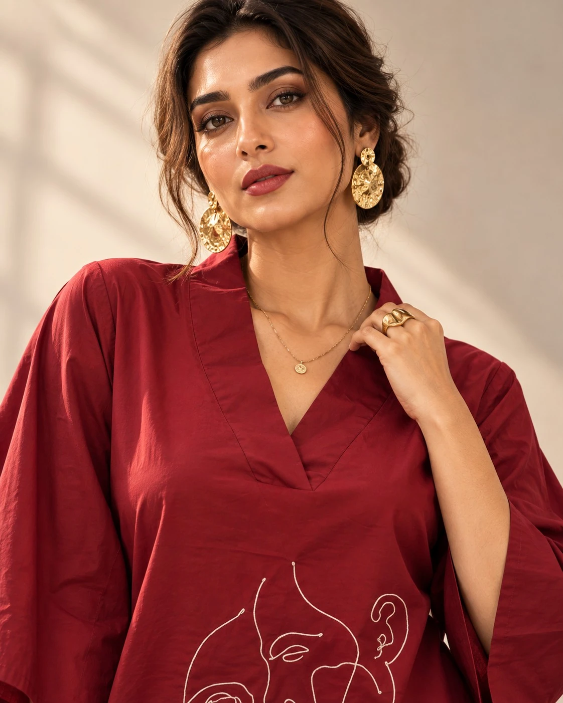 Maroon Abstract Face Line-Art Embroidered Cotton Kurta Palazzo Set