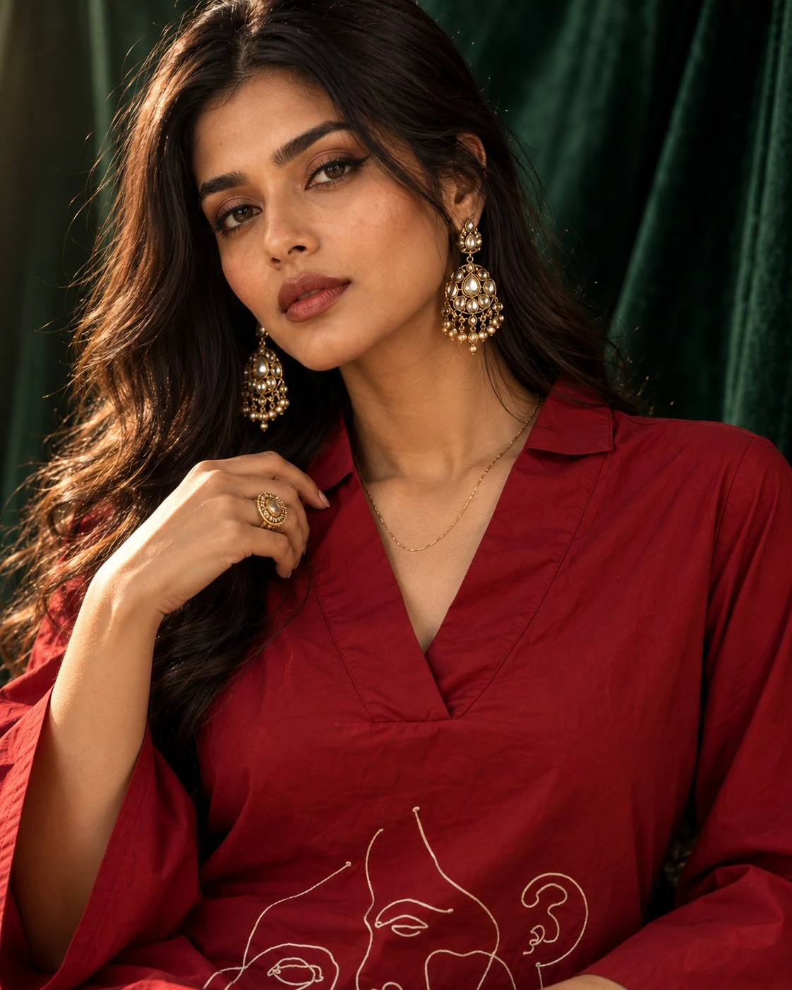 Maroon Abstract Face Line-Art Embroidered Cotton Kurta Palazzo Set