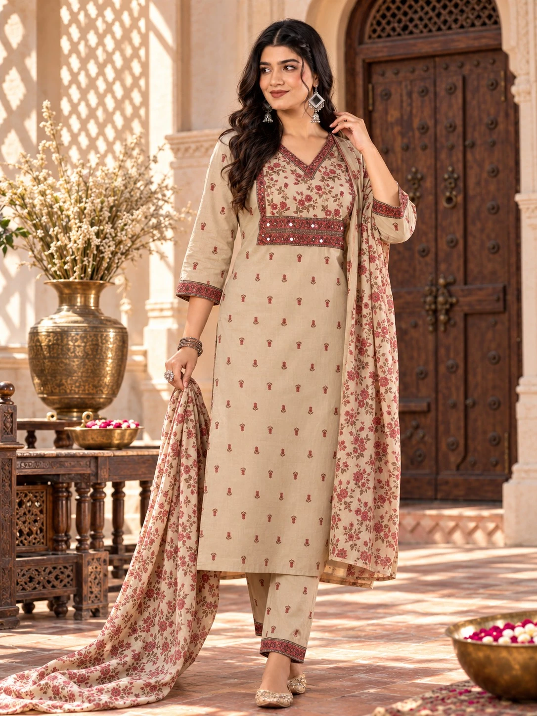 Beige Floral Print Mirror & Sequin Work Pure Cotton Kurta Pant Set with Dupatta